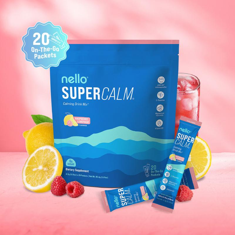 Nello Supercalm Calming Drink Mix with KSM-66 Ashwagandha Vitamin D3 Magnesium & L-Theanine Supports Cortisol Balance Mood Sleep 20 Servings Travel Packets Dietary Supplement