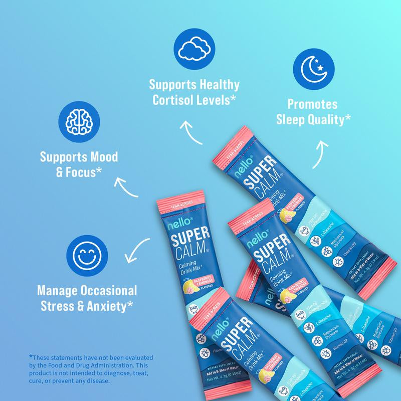 Nello Supercalm Calming Drink Mix with KSM-66 Ashwagandha Vitamin D3 Magnesium & L-Theanine Supports Cortisol Balance Mood Sleep 20 Servings Travel Packets Dietary Supplement